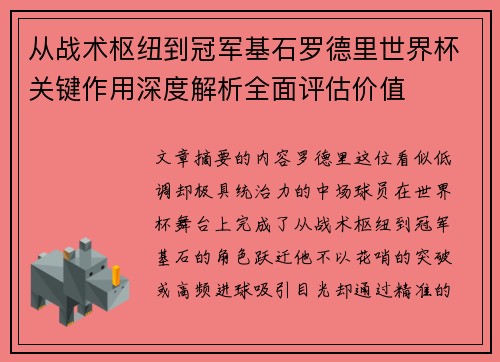 从战术枢纽到冠军基石罗德里世界杯关键作用深度解析全面评估价值
